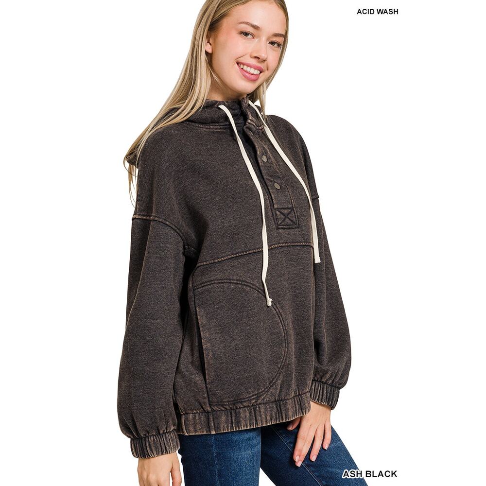 Zenana Womens Acid Ash Black Fleece Pullover Winter Sweater Hoodie  Pockets